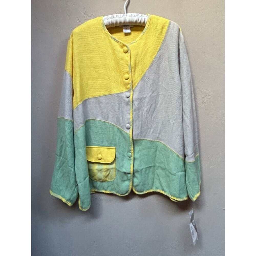 Vintage Adolfo Sport Womens Colorblock Cardigan Sweater XL Yellow Gray Button